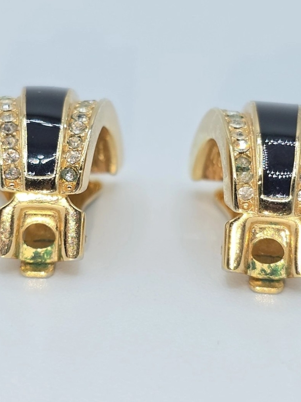 VTG Dior Gold Tone Black Enamel Rhinestone Clip Earrings Half Hoop Signed - Picture 14 of 16